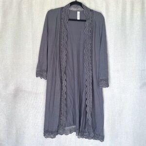 Gray Scalloped Lace Trim Cardigan 3/4 Sleeve Size S